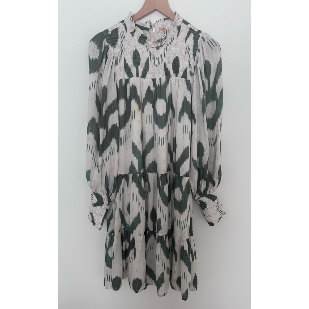 Oliphant Smocked Neck Mini Dress in Chitka Forest Green Cream Balloon Sleeve - Picture 3 of 12